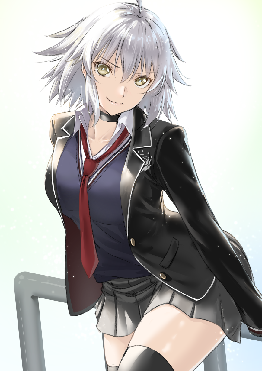 1girl ahoge black_choker breasts choker collared_shirt fate/grand_order fate_(series) grey_hair highres jacket jeanne_d'arc_alter_(avenger)_(fate) jeanne_d'arc_alter_(fate) kaijin-m large_breasts looking_at_viewer necktie official_alternate_costume open_clothes open_jacket school_uniform shirt short_hair skirt smile solo sweater thigh-highs thighs yellow_eyes