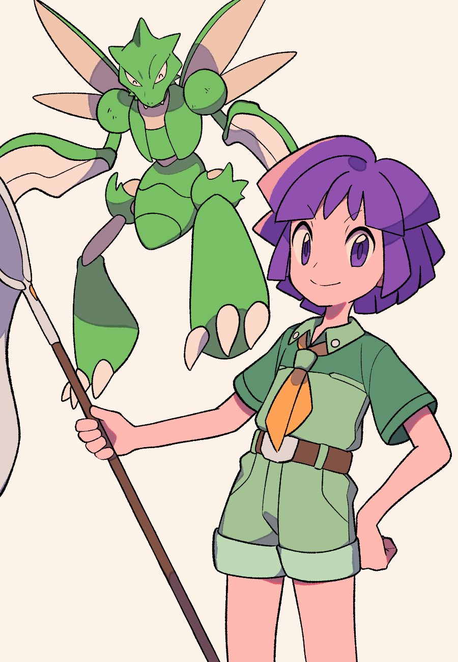 1boy belt belt_buckle brown_belt buckle bugsy_(pokemon) butterfly_net closed_mouth collared_shirt commentary_request green_shirt green_shorts hand_net hand_on_own_hip highres holding holding_butterfly_net male_focus pokemon pokemon_(creature) pokemon_hgss purple_hair scyther shirt short_hair short_sleeves shorts smile tyako_089 violet_eyes