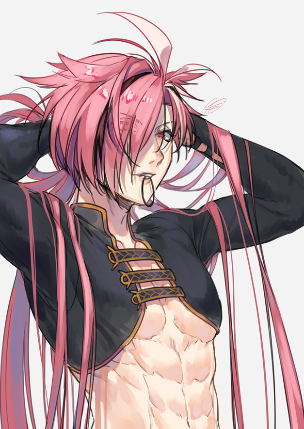 1boy abs black_hair eyebrow_cut fate/grand_order fate_(series) hair_over_one_eye hairdressing japanese_clothes long_hair long_sleeves looking_at_viewer low_ponytail male_focus multicolored_hair nagatekkou pectoral_cleavage pectorals red_eyes redhead rkp simple_background smile solo streaked_hair takasugi_shinsaku_(fate) toned toned_male underpec upper_body white_background white_hair