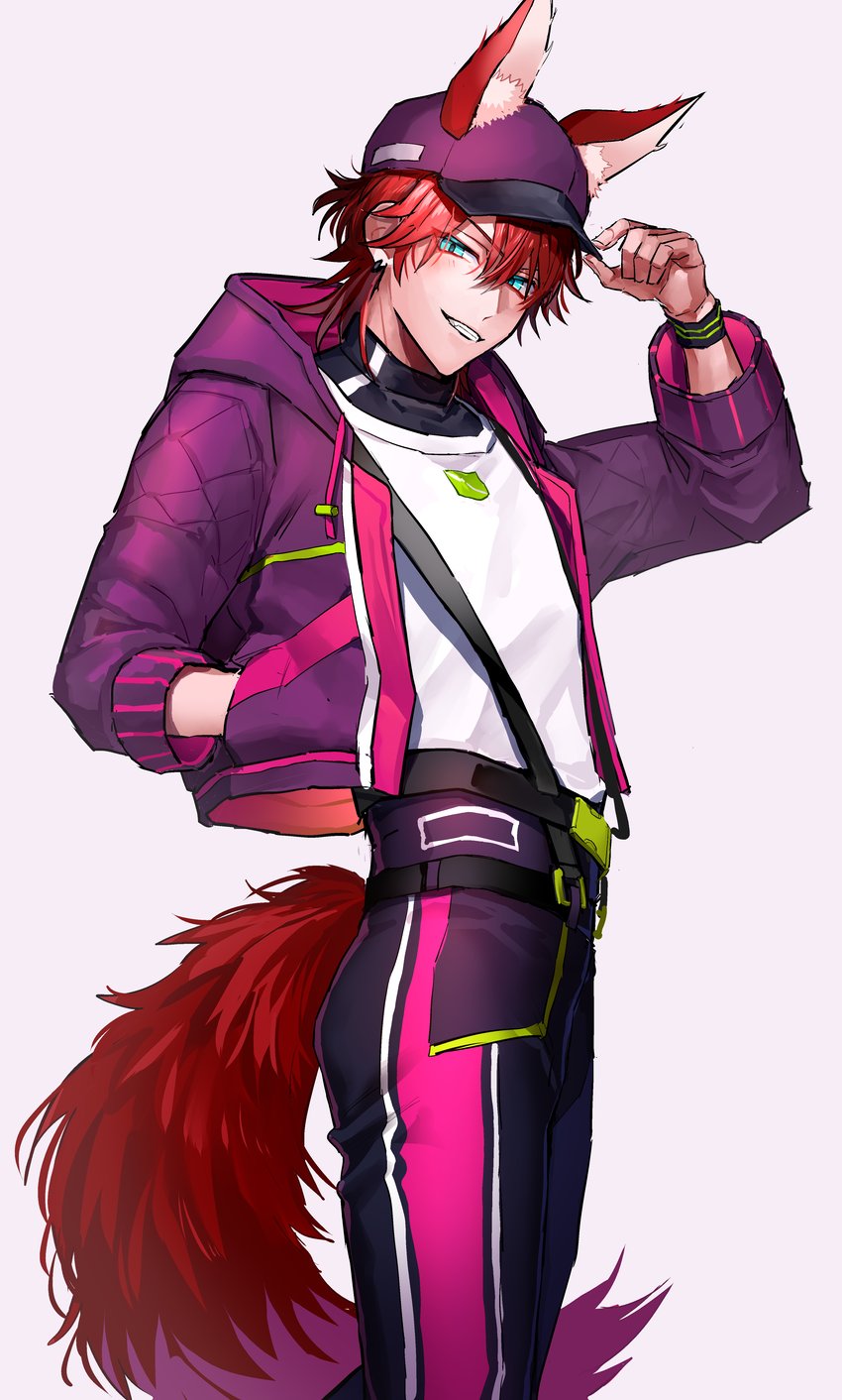 1boy amagi_rinne animal_ears aqua_eyes commentary_request earrings ears_through_headwear ensemble_stars! fake_animal_ears fox_boy fox_ears fox_tail from_side grin hair_between_eyes hat high-waist_pants highres hood hooded_jacket jacket jewelry koi_koi_cafe_(ensemble_stars!) layered_clothes looking_at_viewer male_focus multicolored_clothes multicolored_jacket multicolored_pants oshirase pants pink_jacket pink_pants purple_jacket redhead short_hair slit_pupils smile solo standing suspenders tail upper_body white_background