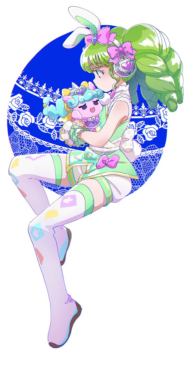 1girl animal_ears boots colored_eyelashes commentary fake_animal_ears falulu from_side full_body green_hair green_shirt headphones highres holding holding_stuffed_toy invisible_chair long_hair pretty_series pripara profile rabbit_ears rabbit_tail shirt sidelocks sitting solo stuffed_toy symbol-only_commentary tail thigh_boots twintails unicorn_(pripara) white_footwear yadehi