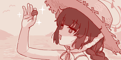1girl blue_archive braid chin_strap day from_side halo hand_up hat holding holding_shell horizon inspecting long_hair lowres maibotsumou miyu_(blue_archive) miyu_(swimsuit)_(blue_archive) monochrome ocean oekaki open_mouth outdoors portrait red_theme shell smile solo sparkle straw_hat