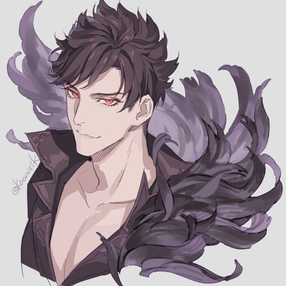 1boy :3 artist_name belial_(granblue_fantasy) brown_hair commentary_request evil_smile feather_boa granblue_fantasy looking_at_viewer male_focus messy_hair parted_bangs partially_unbuttoned pectoral_cleavage pectorals popped_collar pota_(bluegutty) red_eyes signature smile solo spiky_hair twitter_username