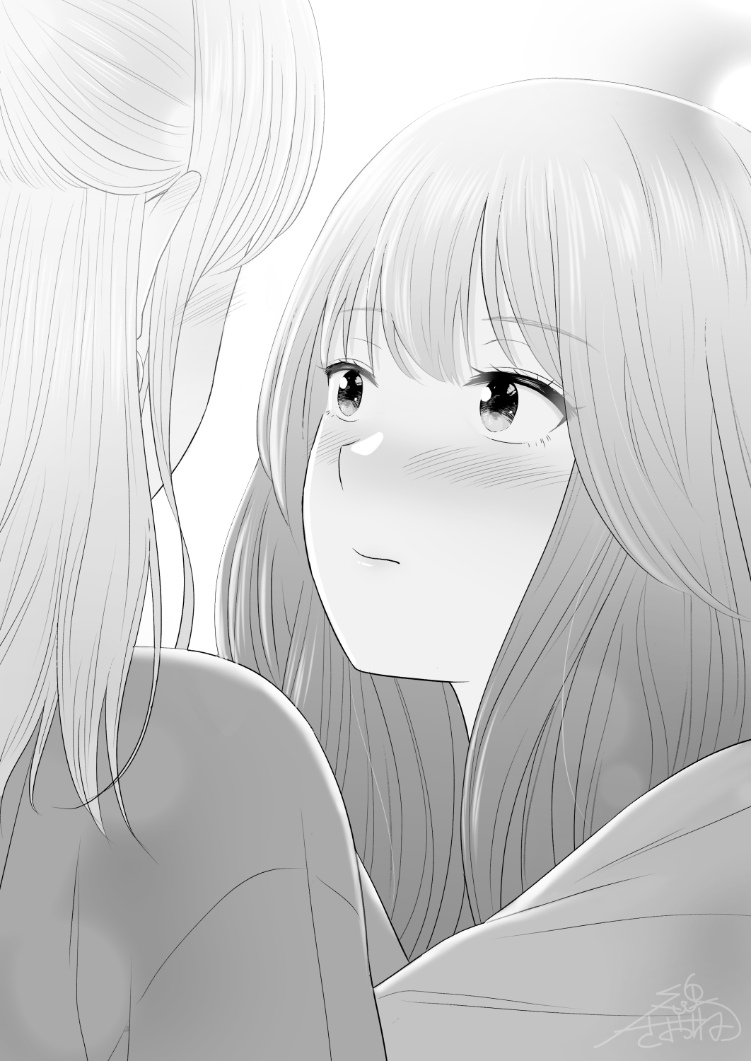2girls blush closed_mouth commentary_request greyscale highres long_hair looking_at_another monochrome multiple_girls original saone_kushima signature upper_body yuri