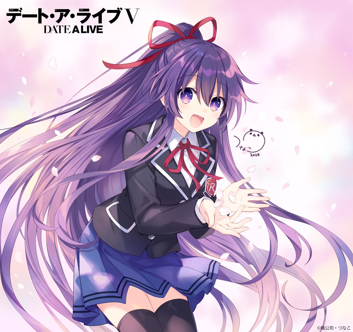 1girl black_jacket black_thighhighs blue_skirt blush breasts cherry_blossoms commentary_request copyright_name cowboy_shot date_a_live falling_petals hair_between_eyes high_ponytail holding holding_petal jacket long_hair looking_at_viewer medium_breasts official_art open_mouth petals pink_petals pleated_skirt purple_hair raizen_high_school_uniform red_ribbon ribbon school_uniform shirt signature skirt smile solo thigh-highs tsunako very_long_hair violet_eyes white_shirt white_trim yatogami_tooka