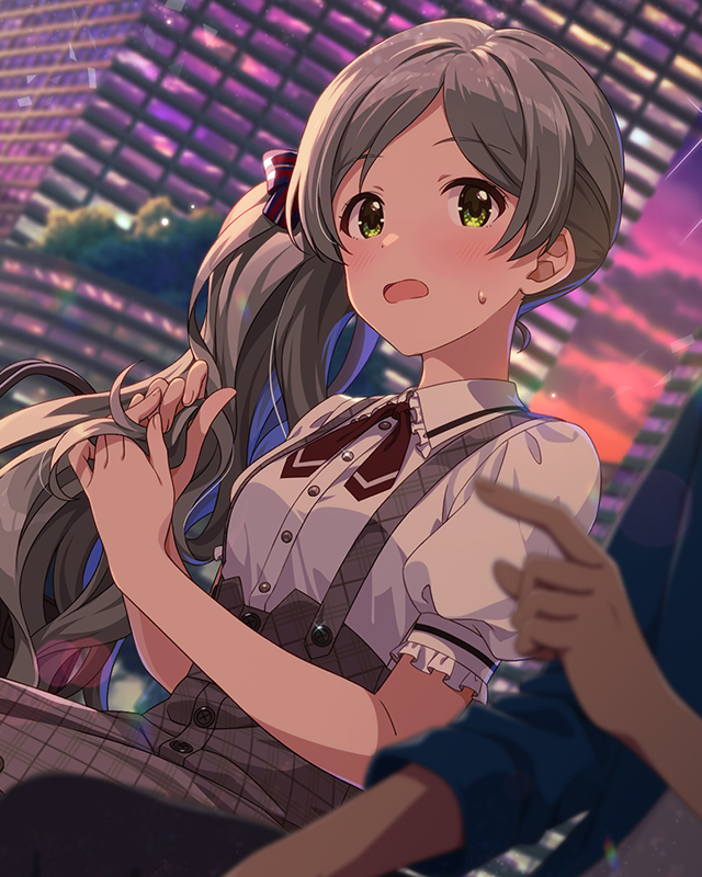 1boy 1girl bag blush breasts brown_dress building buttons clouds cloudy_sky cowboy_shot dress dress_shirt eyelashes fluffy_hair framed_breasts frilled_sleeves frills grey_hair hair_ribbon handa_roco hands_in_own_hair idolmaster idolmaster_million_live! idolmaster_million_live!_theater_days light_particles long_hair looking_at_another neck_ribbon non-web_source official_alternate_costume official_alternate_hairstyle official_art on_bench open_mouth outdoors plaid plaid_dress producer_(idolmaster) puffy_short_sleeves puffy_sleeves red_ribbon ribbon shirt short_sleeves shoulder_bag shy side_ponytail sidelocks sitting sky small_breasts solo_focus sparkle sunset suspenders sweat tree very_long_hair wavy_hair wavy_mouth white_shirt