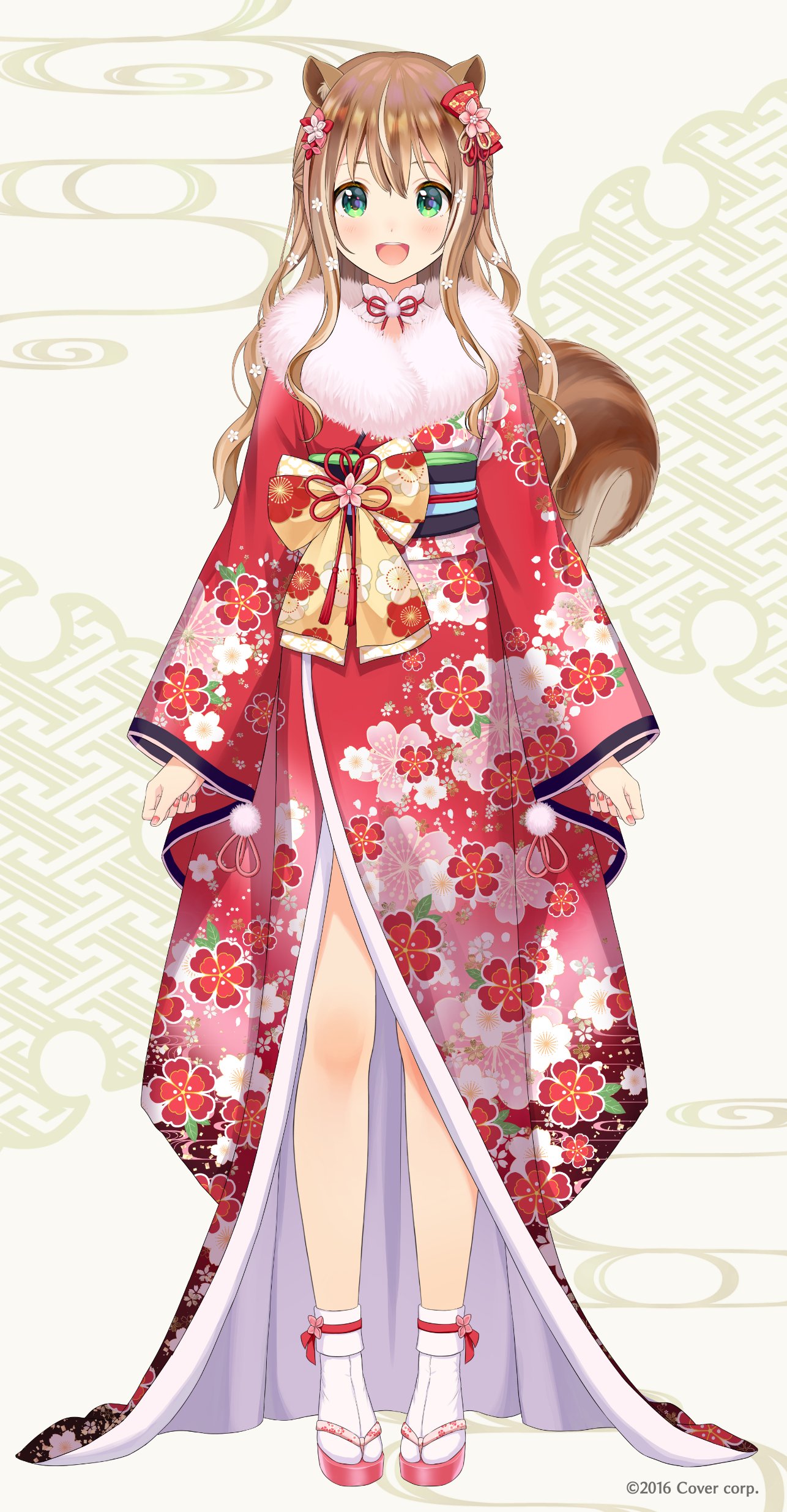 1girl absurdres animal_ears arms_at_sides ayunda_risu ayunda_risu_(new_year) brown_hair commentary_request company_name copyright_notice floral_print flower green_eyes hair_flower hair_ornament highres hololive hololive_indonesia japanese_clothes kimono long_hair long_sleeves looking_at_viewer official_alternate_costume official_alternate_hair_length official_alternate_hairstyle official_art open_mouth print_kimono red_kimono sandals smile solo squirrel_ears squirrel_tail standing straight-on tabi tachi-e tail tareme virtual_youtuber wide_sleeves yatomi zouri