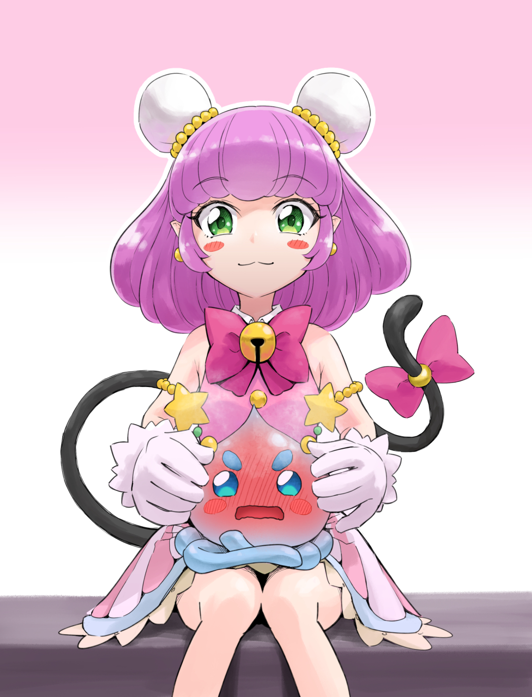 1girl bell blush blush_stickers bow bowtie cat_tail closed_mouth collared_dress double_bun dress earrings full-face_blush gloves green_eyes hair_bun highres itou_shin'ichi jewelry looking_at_viewer mao_(precure) neck_bell on_lap pink_dress pointy_ears precure prunce_(precure) purple_bow purple_bowtie purple_hair short_dress short_hair sitting sleeveless sleeveless_dress smile solo star_(symbol) star_twinkle_precure tail tail_bow tail_ornament white_gloves yuni_(precure)