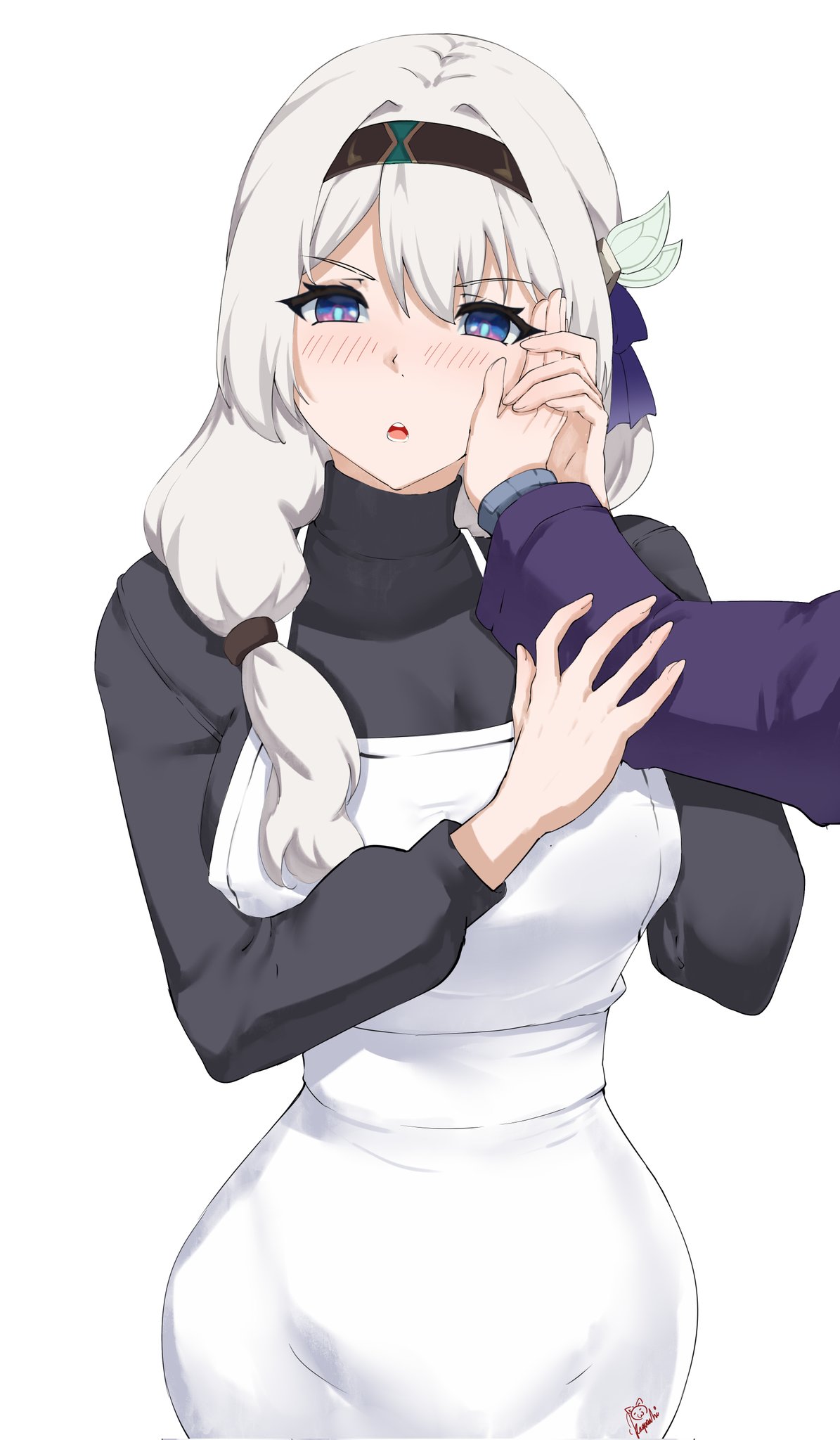 1girl 1other apron black_hairband black_sweater commentary_request firefly_(honkai:_star_rail) hairband highres honkai:_star_rail honkai_(series) kagurachi long_hair open_mouth simple_background sweater turtleneck turtleneck_sweater upper_body violet_eyes white_apron white_background white_hair