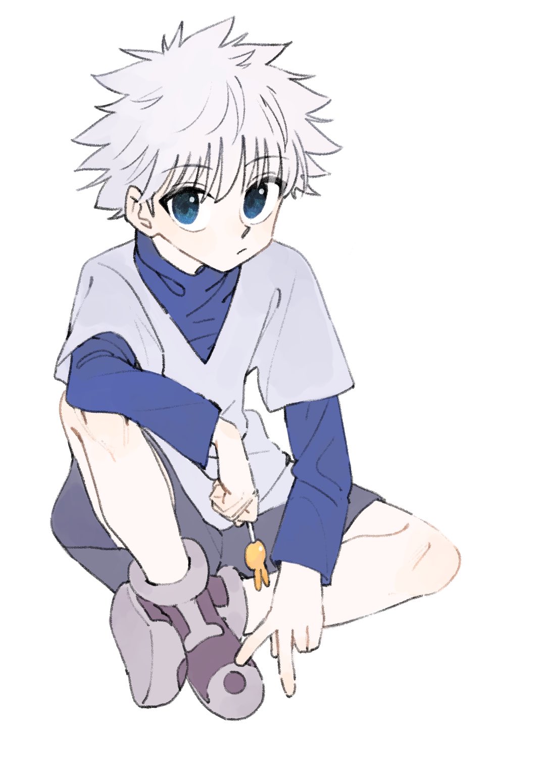 1boy blue_eyes candy closed_mouth food highres holding holding_candy holding_food holding_lollipop hunter_x_hunter killua_zoldyck layered_sleeves lollipop long_sleeves looking_at_viewer male_focus shirt short_hair short_over_long_sleeves short_sleeves shorts simple_background sitting solo spiky_hair tenoo12 v white_background white_hair white_shirt
