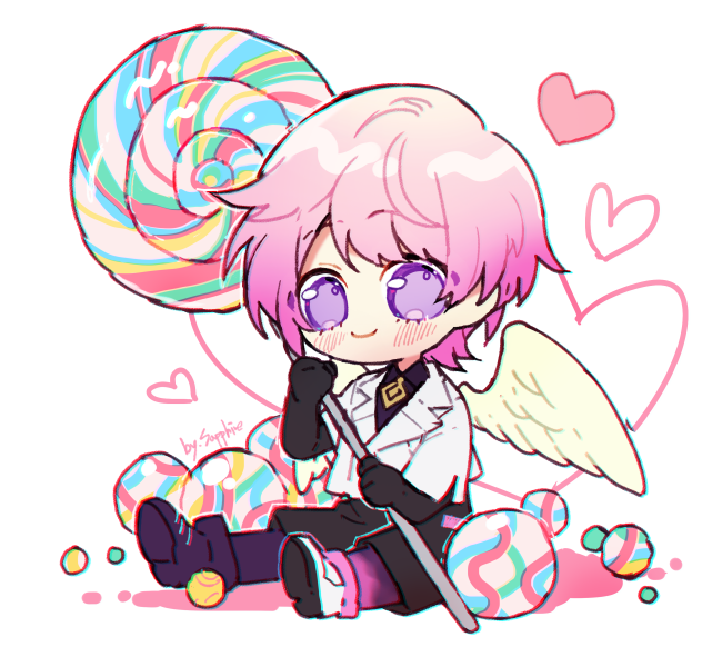 1boy black_gloves black_pants blush candy closed_mouth feathered_wings finniku_(forever_7th_capital) food forever_7th_capital gloves holding holding_candy holding_food holding_lollipop lollipop looking_at_viewer pants pink_hair sapphire_(nine) simple_background sitting smile solo violet_eyes white_background white_wings wings