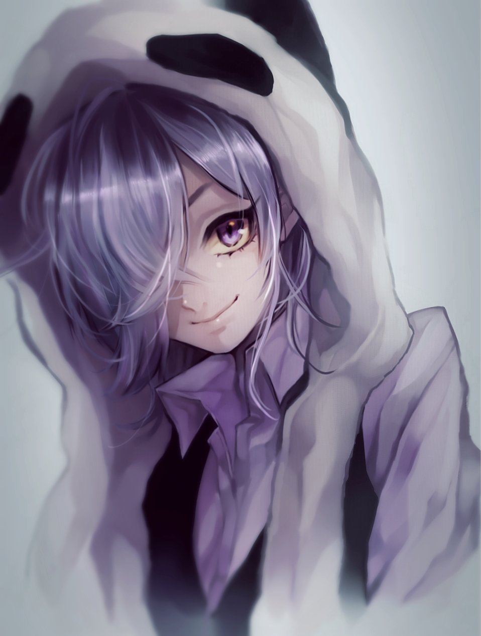 1boy androgynous black_vest closed_mouth collared_shirt eyelashes grey_background hair_over_one_eye headwear_with_attached_mittens highres inga long_sleeves looking_at_viewer male_focus nini_tlac panda_hat purple_shirt realistic shirt short_hair smile solo un-go upper_body vest violet_eyes