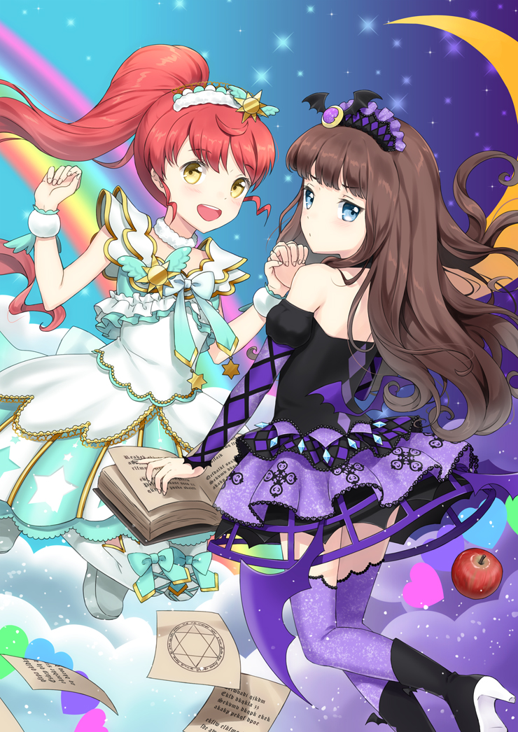 2girls :d apple bare_shoulders black_dress black_footwear blue_eyes blush book boots brown_hair crescent detached_sleeves dress food fruit grimoire hand_up hands_up high_heels holding_hands idol_clothes kurosu_aroma long_hair looking_at_viewer multiple_girls open_book open_mouth paper pentagram ponytail pretty_series pripara purple_thighhighs rainbow red_apple redhead shiratama_mikan smile sun thigh-highs unya_(unya-unya) white_dress wrist_cuffs yellow_eyes