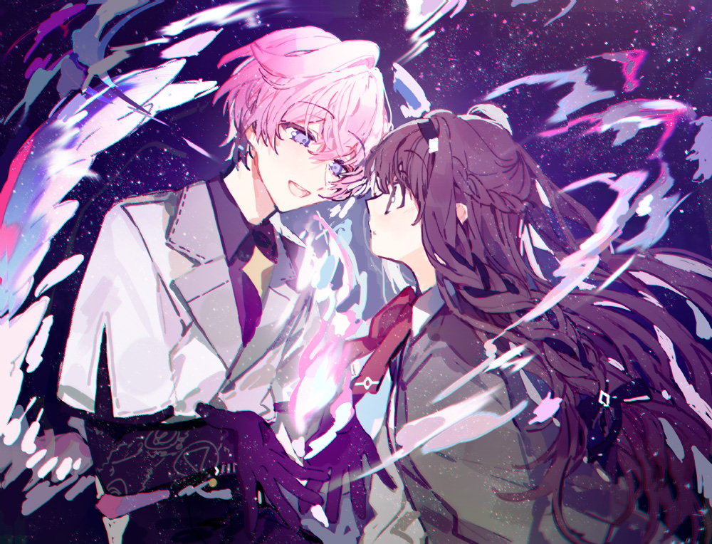 1boy 1girl bow bowtie braid brown_eyes brown_hair collared_shirt colored_skin eye_contact female_commander_(forever_7th_capital) finnick_(forever_7th_capital) fire forever_7th_capital jacket long_hair long_sleeves looking_at_another open_mouth pink_hair purple_shirt purple_skin red_bow red_bowtie sapphire_(nine) shirt sidelocks smile space very_long_hair violet_eyes white_jacket white_shirt