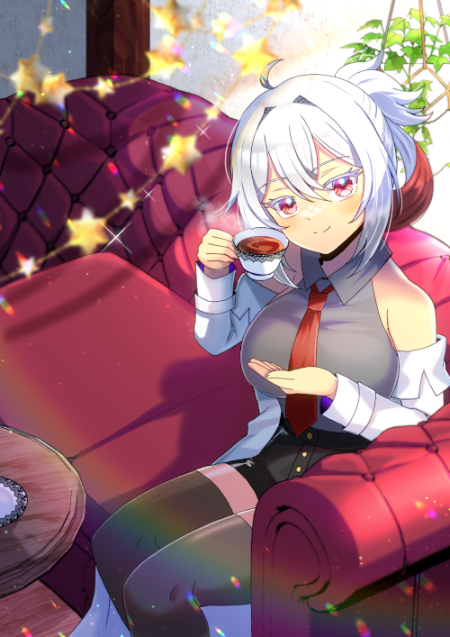 1girl ahoge bare_shoulders black_skirt black_thighhighs blurry blurry_foreground blush breasts closed_mouth collared_shirt colored_eyelashes commentary_request commission couch cup depth_of_field grey_hair grey_shirt hair_between_eyes hair_intakes head_tilt holding holding_cup indoors kou_hiyoyo lab_coat large_breasts long_sleeves looking_at_viewer multicolored_hair necktie off_shoulder on_couch open_clothes original red_eyes red_necktie redhead shirt skeb_commission skirt sleeveless sleeveless_shirt smile solo table tea teacup thigh-highs two-tone_hair wooden_floor
