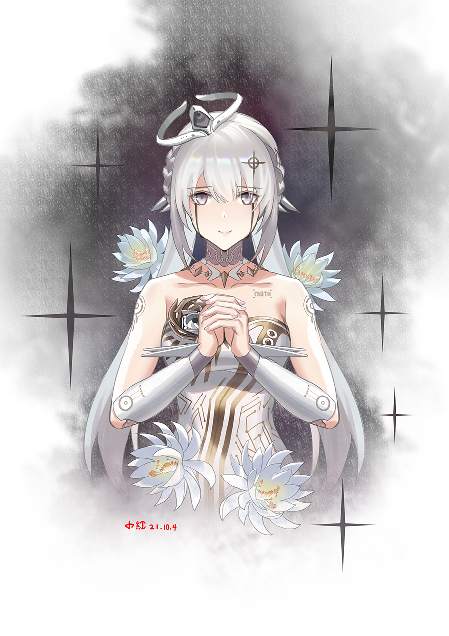 1girl armor armored_dress bare_arms braid chest_tattoo cross_hair_ornament crying crying_with_eyes_open dress flower flower_request gold_trim grey_hair hair_ornament halo highres jewelry liv:_empyrea_(wings_of_dawn)_(punishing:_gray_raven) liv_(punishing:_gray_raven) long_hair looking_at_viewer mechanical_arms mechanical_halo necklace own_hands_together punishing:_gray_raven shui_qian_he_kafei solo strapless strapless_dress tattoo tears twintails white_dress white_flower