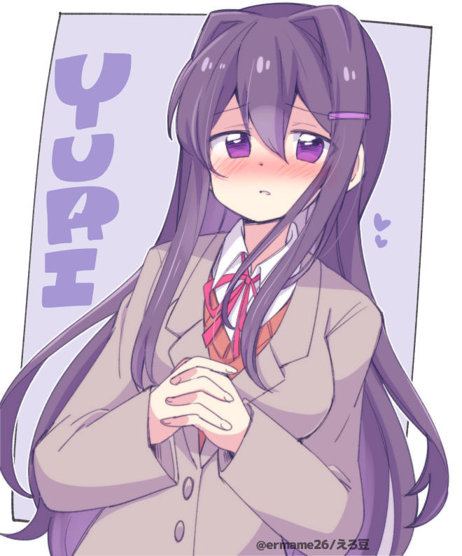 1girl blush border character_name doki_doki_literature_club eromame furrowed_brow grey_jacket hair_between_eyes hair_ornament hairclip jacket jitome long_hair long_sleeves looking_at_viewer nose_blush orange_vest outline outside_border own_hands_together purple_hair red_ribbon ribbon school_uniform shy simple_background vest violet_eyes white_border white_outline yuri_(doki_doki_literature_club)