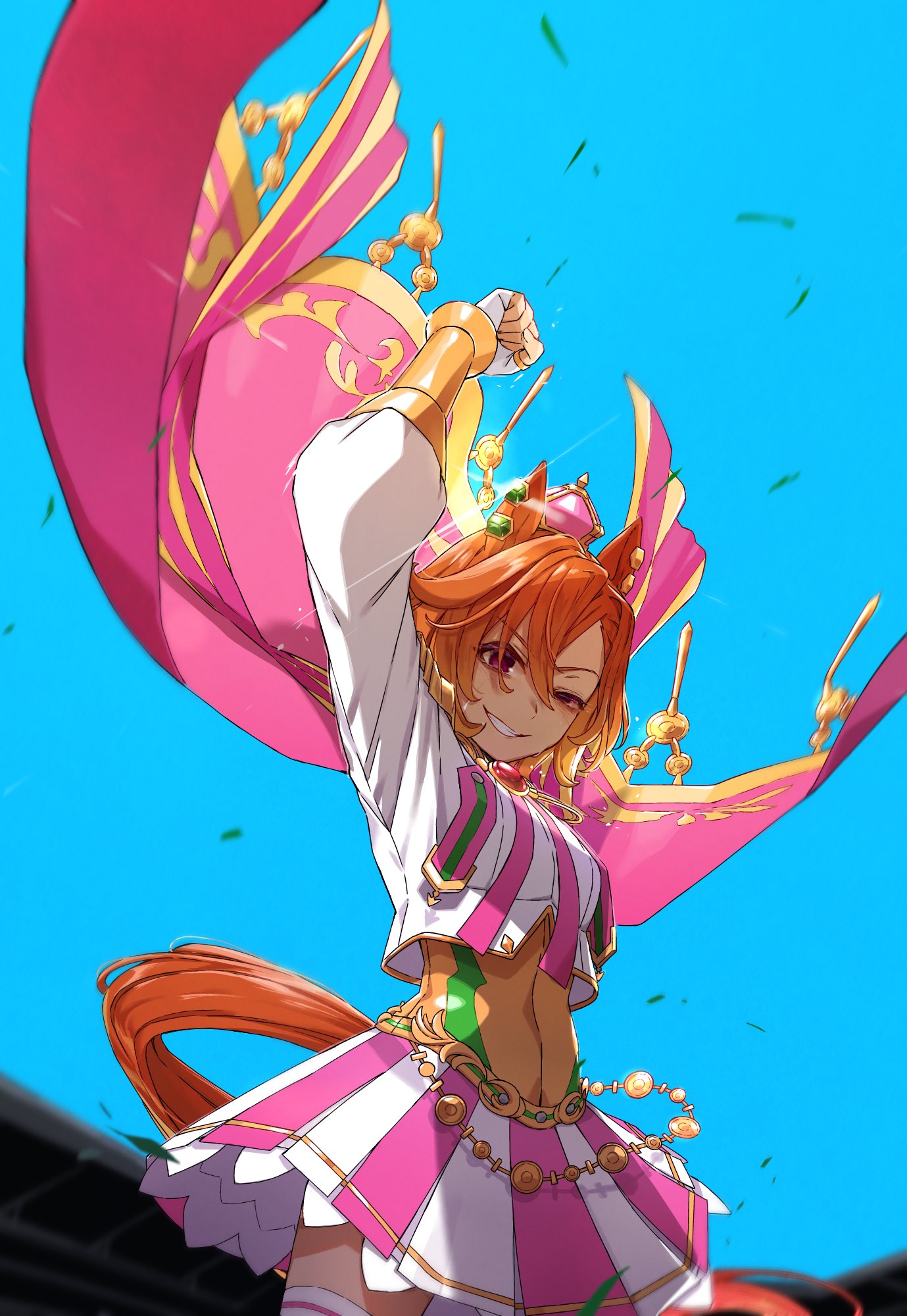 1girl animal_ears arm_up cape clenched_hand crown from_below highres horse_ears horse_girl horse_tail mini_crown nanaheibei_3 neck_ribbon orange_hair pink_cape pink_ribbon pink_skirt ribbon short_hair skirt solo t.m._opera_o_(umamusume) tail two-tone_skirt umamusume violet_eyes white_skirt