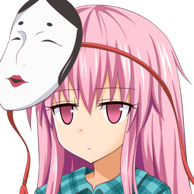 1girl closed_mouth commentary_request expressionless gin'you_haru hata_no_kokoro long_hair looking_at_viewer mask mask_on_head noh_mask pink_eyes pink_hair portrait profile_picture simple_background solo touhou upper_body white_background