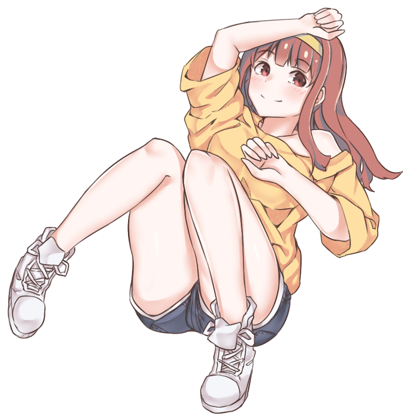1girl aa211108 arm_up blush breasts collarbone dot_nose hairband hand_on_own_chest idolmaster idolmaster_million_live! idolmaster_million_live!_theater_days legs_together light_smile long_hair looking_at_viewer medium_breasts oversized_clothes oversized_shirt red_eyes redhead shirt shoes shorts simple_background sneakers solo straight_hair tanaka_kotoha transparent_background yellow_shirt
