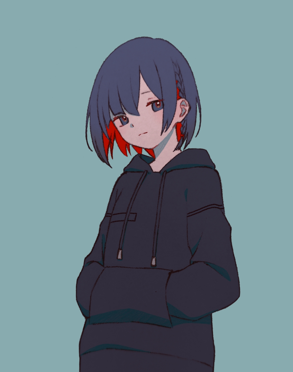 1girl alternate_costume black_hoodie blue_background blue_eyes blue_hair braid bright_pupils closed_mouth colored_inner_hair commentary_request cowboy_shot expressionless hands_in_pockets highres hood hood_down hoodie kamitsubaki_studio karakai_13 long_sleeves looking_at_viewer multicolored_eyes multicolored_hair red_eyes redhead rim_(kamitsubaki_studio) short_hair side_braid solo standing upper_body white_pupils