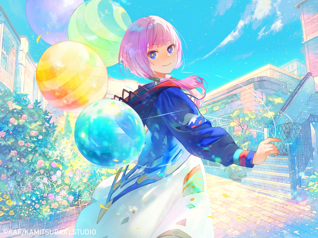 1girl awning balloon blue_eyes blue_jacket blue_sky building bush character_name closed_mouth clouds commentary_request copyright_name copyright_notice day dress flower from_side holding holding_balloon hood hood_down hooded_jacket jacket kaf_(kamitsubaki_studio) kamitsubaki_studio light_particles long_hair long_sleeves looking_at_viewer looking_to_the_side low_twintails maeya_susumu multicolored_eyes outdoors pink_flower pink_hair red_eyes sett sky smile solo standing town twintails virtual_youtuber white_dress yellow_pupils