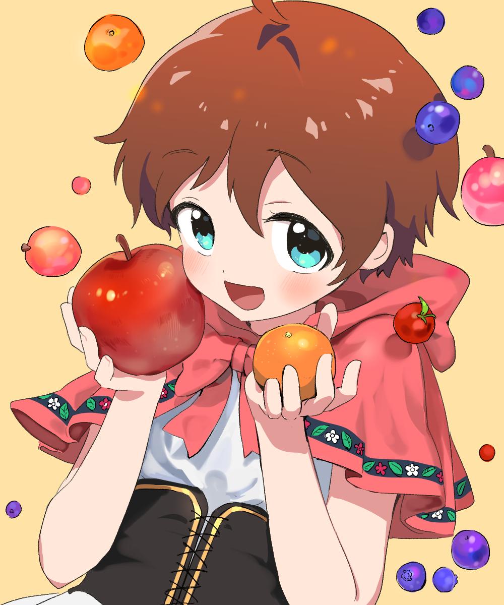 1girl ahoge apple blue_eyes blueberry blush brown_hair cherry corset eyelashes food fruit hair_between_eyes highres holding holding_food holding_fruit idolmaster idolmaster_million_live! idolmaster_million_live!_theater_days itohari_(mamiiori1) kinoshita_hinata looking_at_viewer mandarin_orange open_mouth parted_bangs red_apple red_hood red_ribbon ribbon shirt short_hair sidelocks simple_background smile solo upper_body white_shirt yellow_background