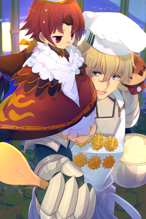 1boy 1girl apron armor badge benienma_(fate) bird bird_hat breastplate breasts brown_hat chef_hat cooking_pot echo_(circa) fate/grand_order fate_(series) feather_trim gauntlets gawain_(fate) hat japanese_clothes kimono long_hair long_sleeves low_ponytail mashed_potatoes parted_bangs pauldrons red_eyes red_kimono redhead seiza shoulder_armor sitting small_breasts sparrow very_long_hair white_apron white_hat wide_sleeves wooden_spoon