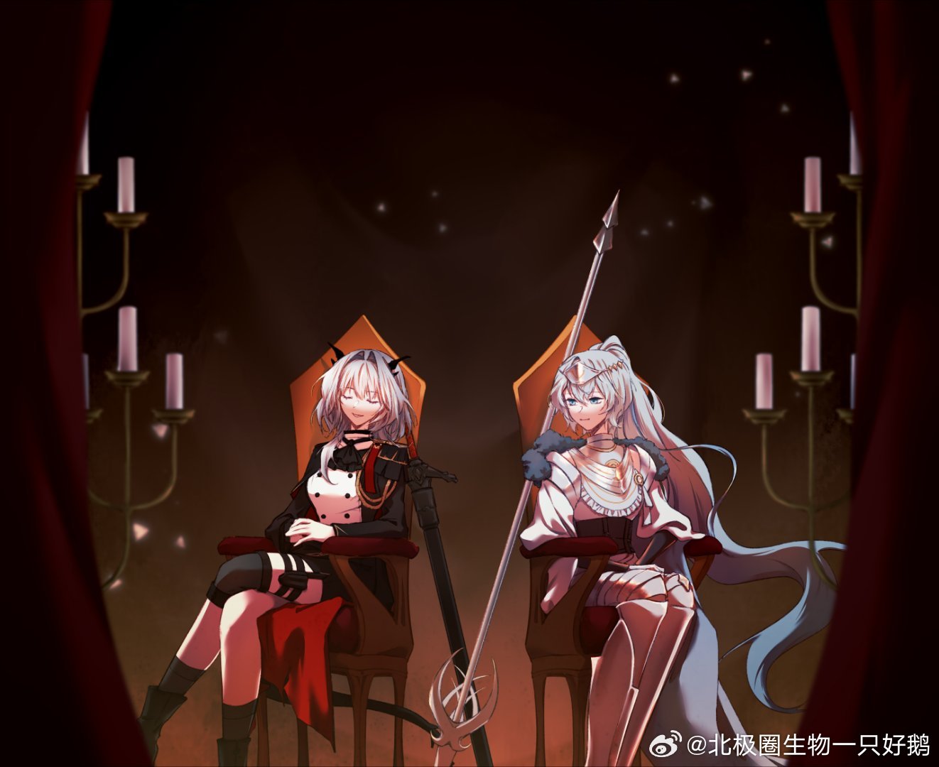 2girls aiguillette arknights armor ascot beiji_juan_shengwu_yi_zhihaoe black_ascot black_horns black_jacket black_socks blue_eyes buttons candle candlestand character_request chinese_commentary circlet closed_eyes commentary_request crossed_legs curtains double-breasted dress epaulettes feet_out_of_frame frills grey_hair hair_intakes horns indoors jacket knee_pads kneehighs light_particles long_hair long_sleeves looking_at_another military_jacket multiple_girls official_alternate_costume own_hands_together polearm sheath sheathed single_knee_pad sitting smile socks sword talulah_(arknights) talulah_the_fighter_(arknights) thigh_strap throne tiara very_long_hair watermark weapon weibo_logo white_dress white_jacket