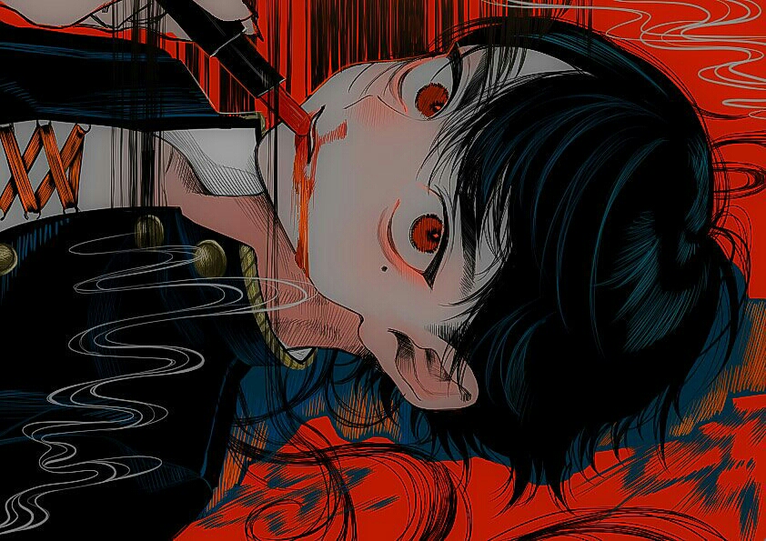 1boy bishounen black_collar black_jacket blood buttons close-up collar extra_digits eyelashes from_side horror_(theme) jacket konpeitou_(pixiv37354724) lipstick looking_at_viewer lying makeup male_focus mole mole_under_eye nosebleed on_back open_clothes open_jacket original parted_lips portrait red_eyes red_theme sanpaku