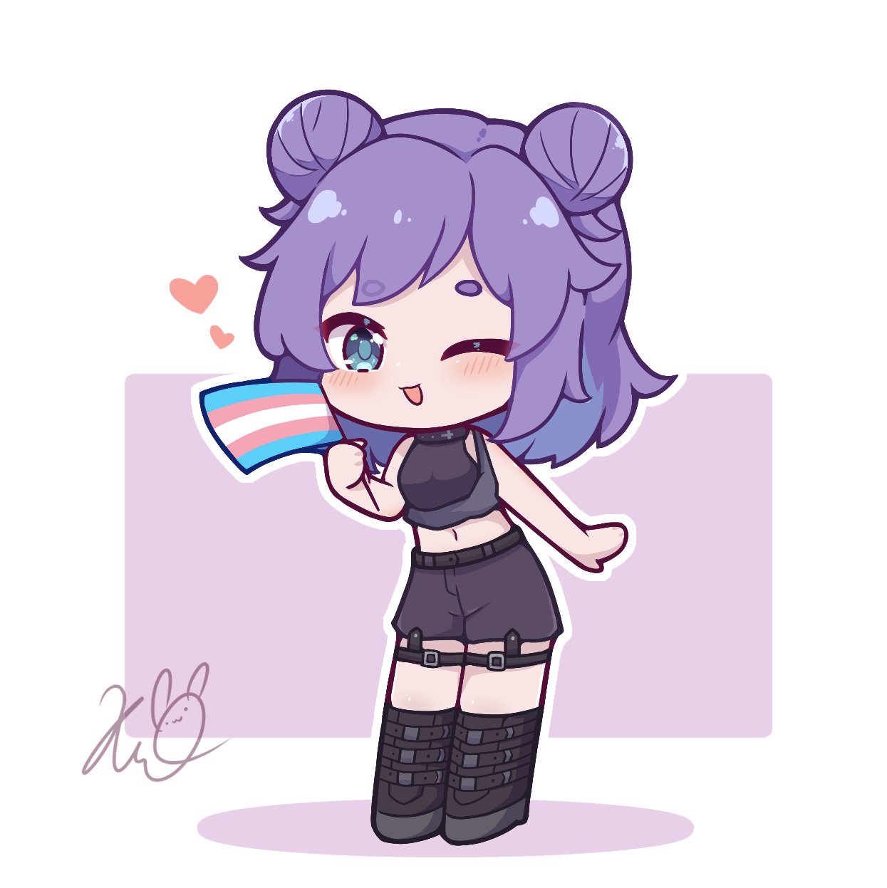 1girl ;d bare_arms bare_shoulders black_footwear black_shorts blue_eyes blue_hair blush boots breasts chibi colored_shadow commentary commission crop_top double_bun english_commentary flag full_body hair_bun highres holding holding_flag knee_boots kurotofu looking_at_viewer medium_breasts midriff multicolored_hair navel one_eye_closed original pink_background purple_hair shadow shirt short_eyebrows shorts signature sleeveless sleeveless_shirt smile solo standing thick_eyebrows transgender_flag two-tone_background two-tone_hair white_background