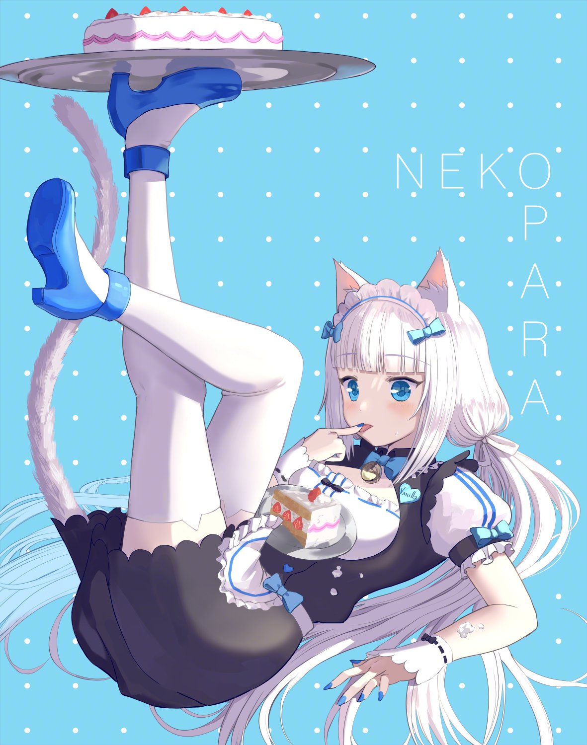 1girl animal_ear_legwear animal_ears apron arm_at_side bell black_dress blue_background blue_bow blue_bowtie blue_eyes blue_footwear blue_nails blunt_bangs blush bow bowtie breasts cake cat_ear_legwear cat_ears cat_tail cleavage_cutout clothing_cutout copyright_name cream_on_body crossed_legs dress expressionless eyelashes fingerless_gloves food frilled_apron frilled_dress frilled_sleeves frills fruit full_body gloves hair_bow headband highres holding holding_tray jingle_bell licking licking_finger long_hair looking_at_hand low_twintails lying maid_headdress miniskirt nail_polish name_tag nekopara polka_dot polka_dot_background puffy_short_sleeves puffy_sleeves revision sayuui short_sleeves sidelocks skirt small_breasts solo strawberry tail thigh-highs thighs tray twintails vanilla_(nekopara) very_long_hair waitress white_apron white_gloves white_hair white_headband white_tail white_thighhighs zettai_ryouiki