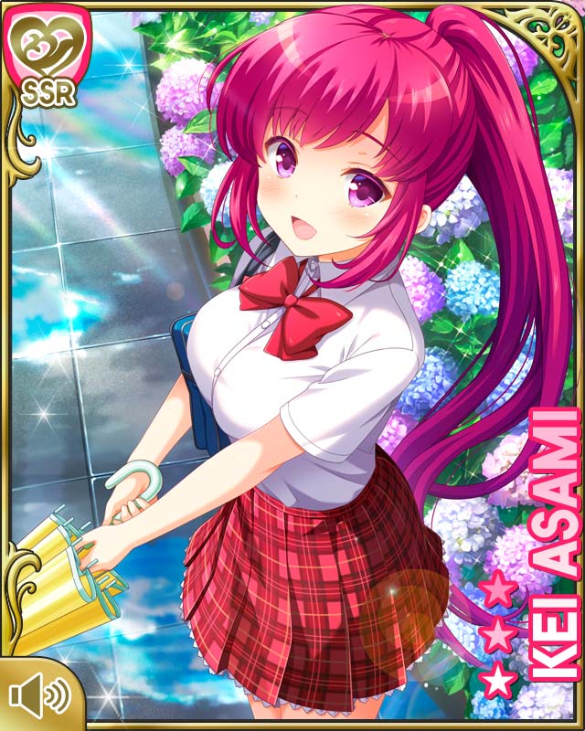 1girl asami_kei blush bow bowtie breasts character_name girlfriend_(kari) large_breasts light_smile long_hair non-web_source official_art open_mouth plaid plaid_skirt ponytail red_bow red_bowtie red_skirt redhead school_uniform shirt skirt solo violet_eyes white_shirt