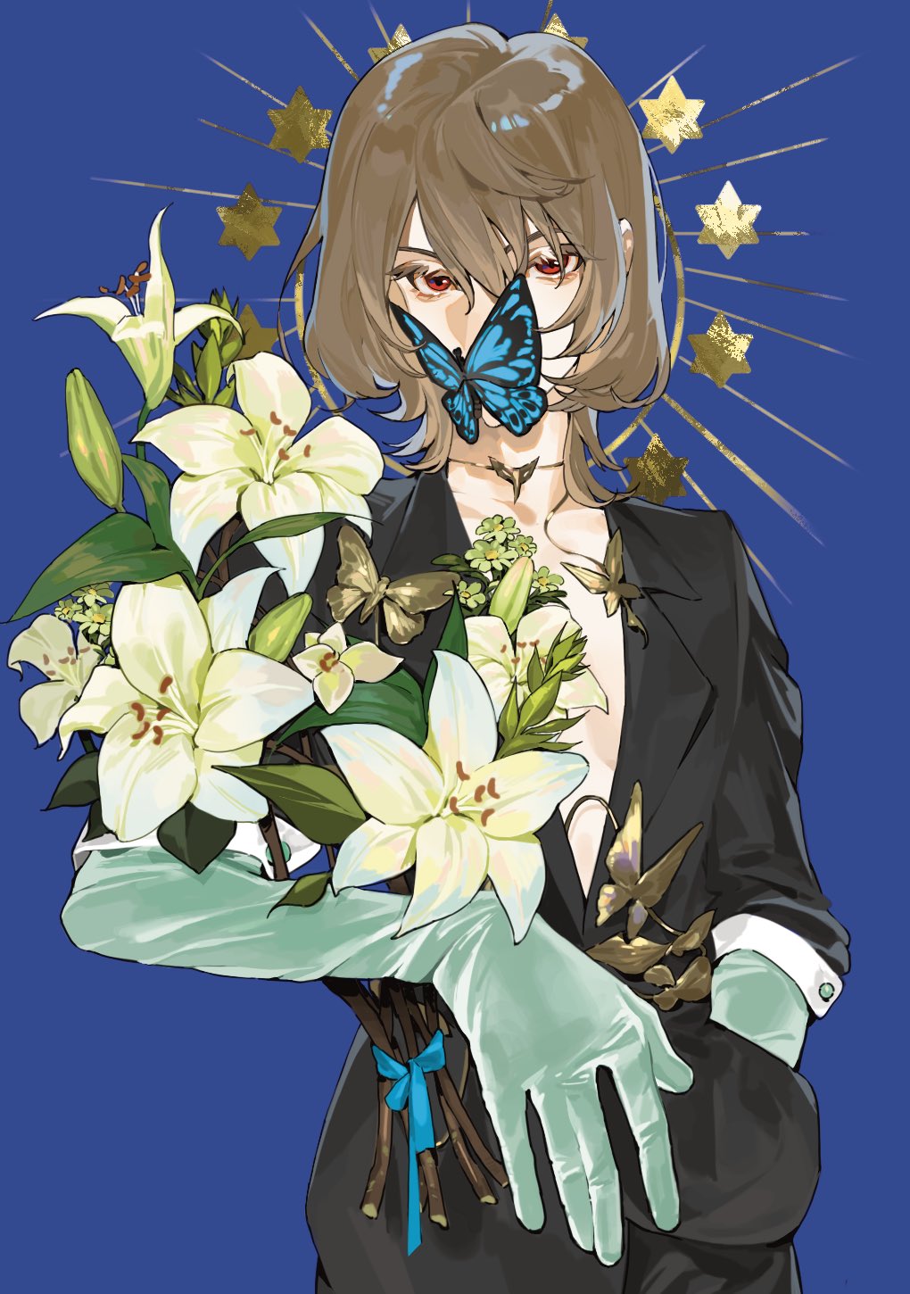 1boy akechi_gorou black_jacket black_pants blue_background bouquet brown_hair bug butterfly butterfly_over_mouth flower gloves halo_behind_head hand_in_pocket highres holding holding_bouquet jacket jewelry looking_ahead looking_at_viewer medium_hair necklace no_shirt pants persona persona_5 persona_5_the_royal red_eyes simple_background solo suit_jacket upper_body white_flower white_gloves yuirua55234