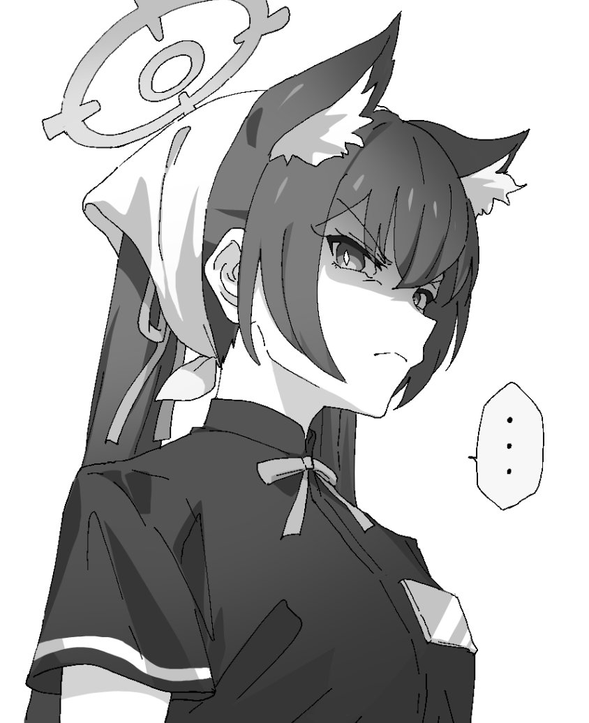 1girl angry animal_ear_fluff animal_ears blue_archive cat_ears closed_mouth extra_ears halo long_hair looking_at_viewer momomatang monochrome official_alternate_costume serika_(blue_archive) short_sleeves simple_background solo twintails waitress white_background