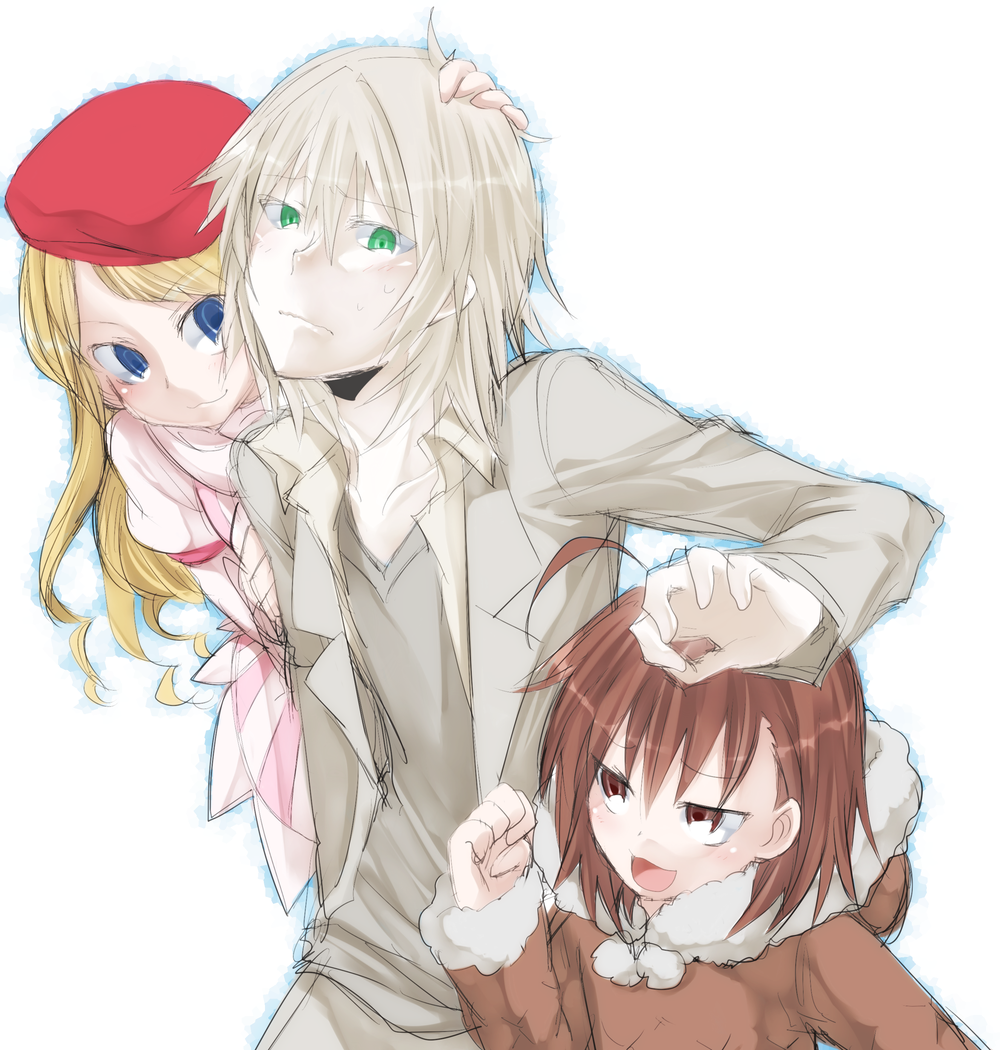 1boy 2girls :3 age_difference ahoge beetle_05_(toaru) beret blonde_hair blue_eyes brown_coat brown_eyes brown_hair child closed_mouth coat colored_skin commentary_request dress fremea_seivelun fur-trimmed_hood fur-trimmed_sleeves fur_trim green_eyes grey_jacket hair_between_eyes hand_on_another's_head hand_up hat height_difference hood hood_down idora_(idola) jacket kakine_teitoku kakine_teitoku_(dark_matter) last_order_(toaru_majutsu_no_index) light_blush long_bangs long_hair long_sleeves looking_at_another looking_at_viewer medium_hair multiple_girls open_clothes open_jacket open_mouth open_shirt pink_dress red_headwear shirt smile sweatdrop toaru_majutsu_no_index toaru_majutsu_no_index:_new_testament upper_body white_background white_hair white_shirt white_skin winter_clothes