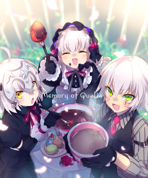 3girls apron black_dress black_gloves black_vest blush bonnet bowl breasts chocolate closed_eyes collared_shirt cup dress echo_(circa) elbow_gloves fate/grand_order fate_(series) food fork frills fruit gloves green_eyes grey_hair grey_shirt hair_between_eyes headpiece hot_chocolate jack_the_ripper_(fate/apocrypha) jack_the_ripper_(memory_of_qualia)_(fate) jeanne_d'arc_alter_santa_lily_(fate) jeanne_d'arc_alter_santa_lily_(memory_of_qualia)_(fate) long_hair long_sleeves looking_at_viewer macaron multiple_girls necktie nursery_rhyme_(fate) nursery_rhyme_(memory_of_qualia)_(fate) open_mouth puffy_short_sleeves puffy_sleeves scar scar_across_eye scar_on_cheek scar_on_face shirt short_hair short_sleeves shoulder_tattoo small_breasts smile tattoo tray vest white_apron white_hair yellow_eyes