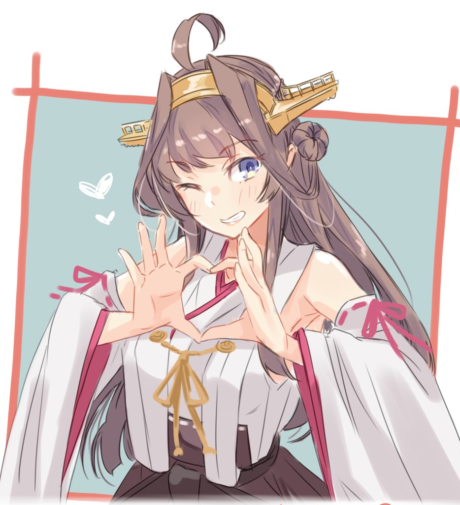 1girl ahoge alakoala bare_shoulders blue_background blush breasts brown_hair detached_sleeves double_bun hair_bun hairband hakama hakama_skirt headgear heart heart_hands japanese_clothes kantai_collection kongou_(kancolle) kongou_kai_ni_(kancolle) large_breasts long_hair looking_at_viewer nontraditional_miko open_mouth popped_collar ribbon-trimmed_sleeves ribbon_trim skirt smile solo upper_body violet_eyes white_background