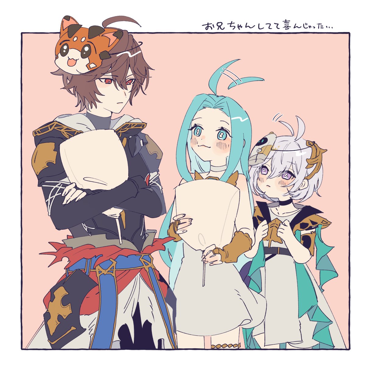 1boy 2girls :3 ahoge antennae_wagging armlet armor belt bishounen black_choker blue_belt blue_eyes blue_hair blush breastplate brown_hair candy cape choker commentary crossed_arms dress earrings expressionless fingerless_gloves food frilled_dress frills gloves granblue_fantasy hair_between_eyes hair_ornament hands_on_own_chest highres holding hood hood_down jewelry lollipop looking_at_another lyria_(granblue_fantasy) mask mask_on_head messy_hair multiple_girls onigiri_bouya parted_bangs red_eyes sandalphon_(granblue_fantasy) short_hair shoulder_armor stud_earrings symbol-only_commentary translation_request turtleneck violet_eyes vyrn_(granblue_fantasy) white_cape white_choker white_dress white_hair yuni_(granblue_fantasy)