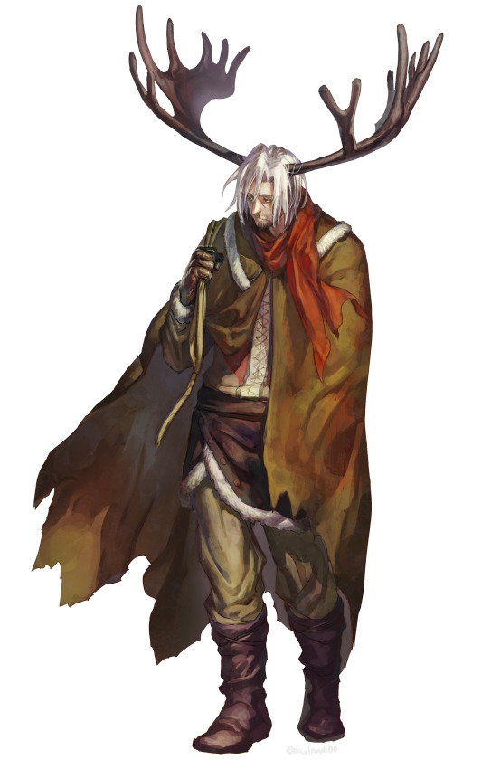 1boy antlers beard boots brown_footwear brown_gloves cape cloak facial_hair full_body fur_trim gloves horns male_focus mullmull02 original pants red_scarf reindeer_antlers scarf simple_background solo standing white_background white_hair