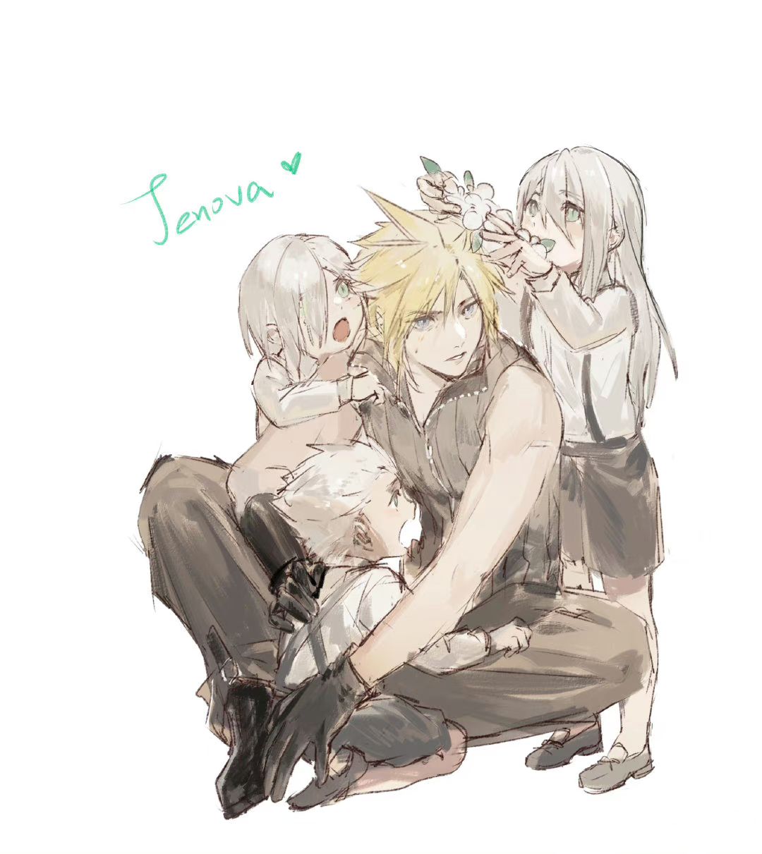 4boys :o aged_down arms_up black_footwear black_gloves black_shorts black_vest blonde_hair blue_eyes child clothes_grab cloud_strife commentary crossed_legs final_fantasy final_fantasy_vii final_fantasy_vii_advent_children flower full_body gloves green_eyes grey_hair hair_over_one_eye hair_slicked_back hand_on_another's_back hand_on_another's_shoulder hashtag-only_commentary head_wreath heart highres holding holding_flower kadaj kneeling leaning_forward leaning_on_person long_hair looking_to_the_side looking_up loz lydiaaa male_focus multiple_boys no_armor on_lap open_mouth parted_lips shirt short_hair shorts sidelocks simple_background sitting slit_pupils spiky_hair suspender_shorts suspenders sweatdrop vest white_background white_flower white_shirt yazoo