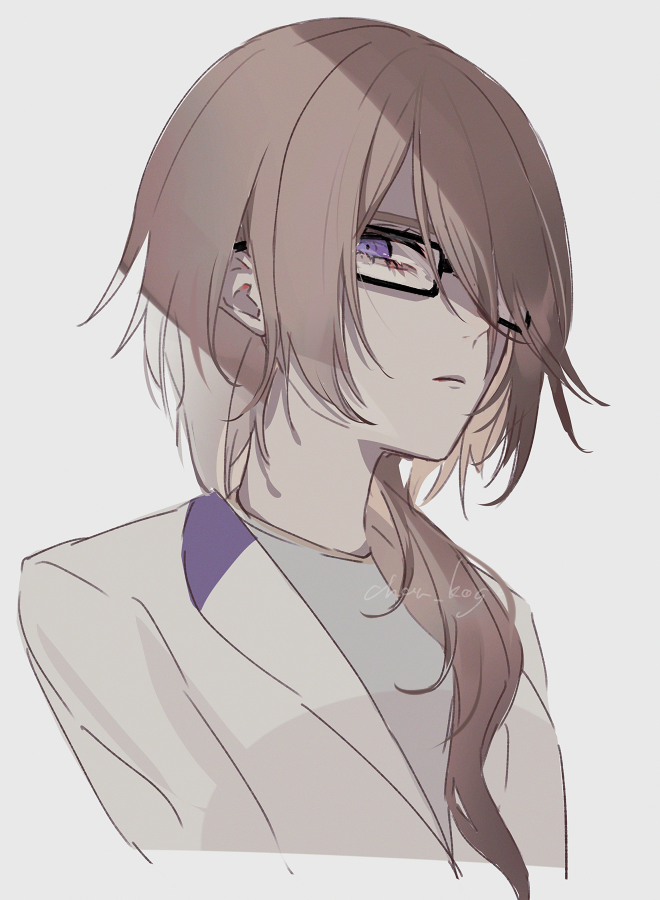 1girl brown_hair closed_mouth commentary_request frown glaring glasses grey_background hair_between_eyes hair_over_one_eye hair_over_shoulder ko_(kochan_pr) long_hair looking_at_viewer pretty_series shaded_face simple_background solo sumeragi_amane_(pretty_series) upper_body violet_eyes waccha_primagi!