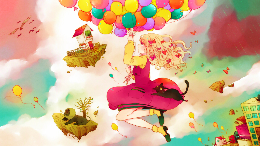 1girl arm_up balloon bare_legs bird black_cat blonde_hair bow building cat clouds dress floating full_body hair_bow house long_hair multicolored_background original pekikokko profile rain rainbow red_bow red_dress shirt sky solo wavy_hair yellow_shirt