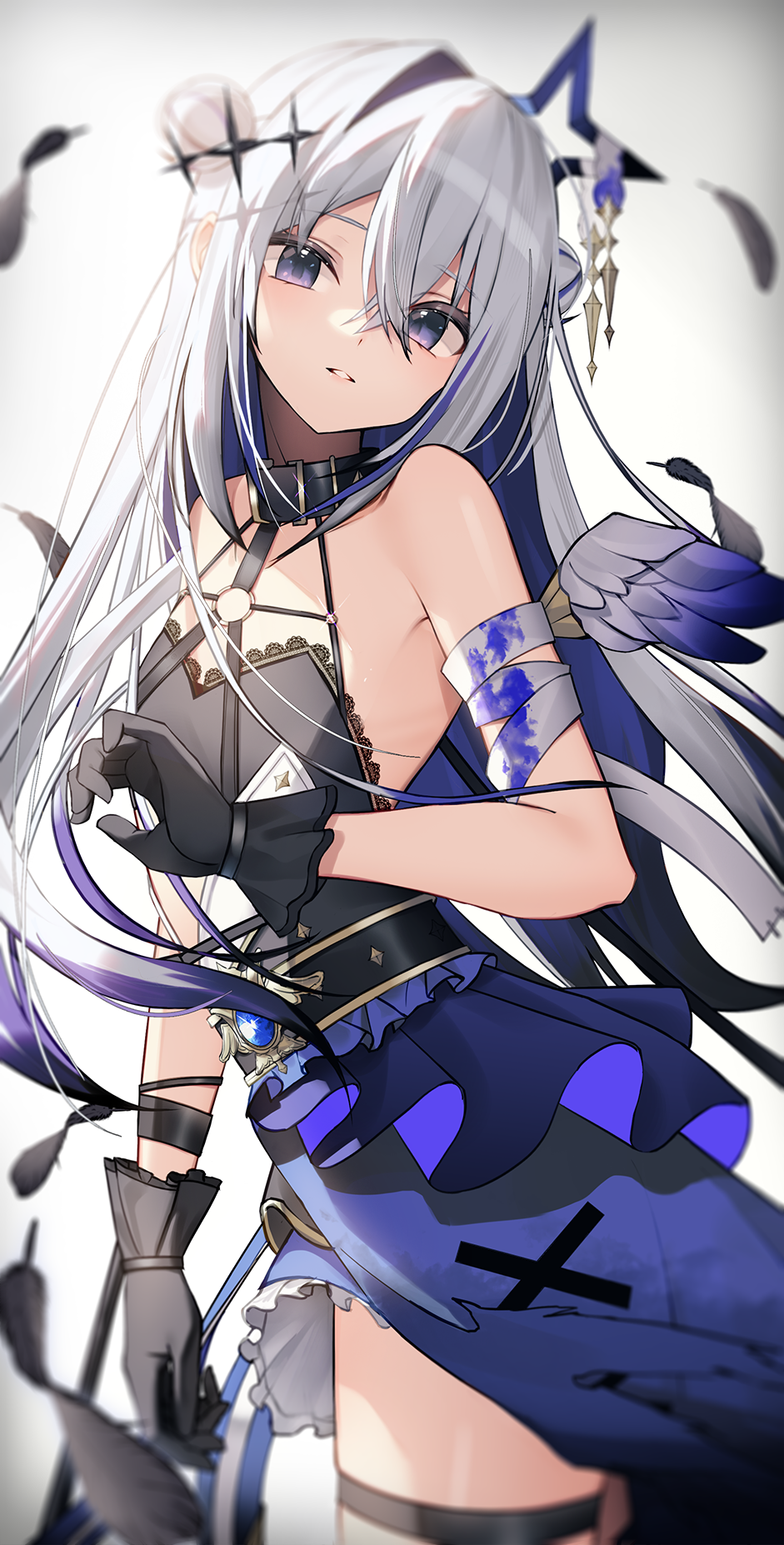 amane_kanata amane_kanata_(work) angel angel_wings bandaged_arm bandages belt_collar black_collar black_dress black_gloves blue_hair blush collar colored_inner_hair double_bun dress feathers gloves gradient_dress grey_hair hair_bun halo highres hololive looking_at_viewer multicolored_hair official_alternate_costume solo star_halo thigh_strap thomas_8000 violet_eyes virtual_youtuber white_background wings