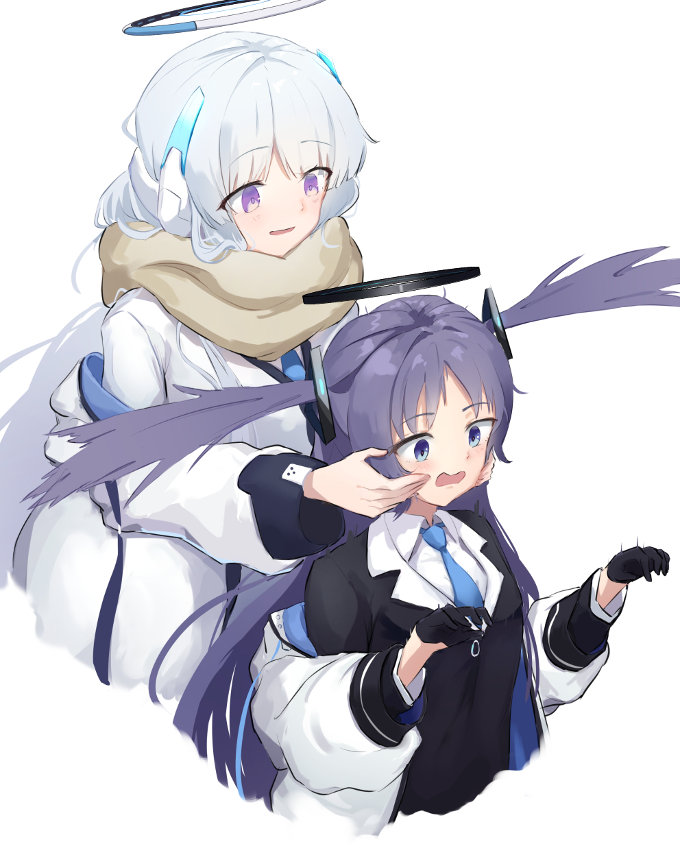 2girls black_gloves black_vest blue_archive blue_eyes blue_hair blue_necktie blush brown_scarf commentary_request cropped_torso gloves grey_hair half_gloves halo hands_on_another's_cheeks hands_on_another's_face highres jacket long_hair looking_at_another mechanical_halo morishin546 multiple_girls necktie noa_(blue_archive) off_shoulder open_mouth scarf shirt simple_background smile two_side_up vest violet_eyes white_background white_jacket white_shirt yuuka_(blue_archive)