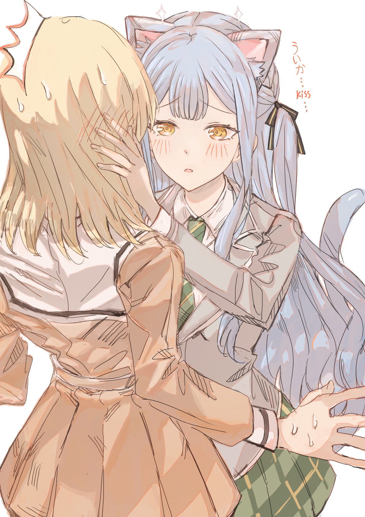 2girls animal_ear_fluff animal_ears bang_dream! bang_dream!_it's_mygo!!!!! black_ribbon blonde_hair blush blush_visible_through_hair brown_dress cat_ears cat_girl cat_tail chinese_commentary collared_shirt commentary_request dress green_necktie green_skirt grey_jacket hair_ribbon hand_on_another's_face haneoka_school_uniform highres jacket junjun_(kimi-la) kemonomimi_mode long_hair long_sleeves looking_at_another medium_hair misumi_uika multiple_girls necktie parted_lips plaid plaid_skirt pleated_skirt ribbon sailor_collar school_uniform shirt simple_background skirt sparkle sweatdrop tail togawa_sakiko translated tsukinomori_school_uniform two_side_up white_background white_sailor_collar white_shirt yellow_eyes yuri