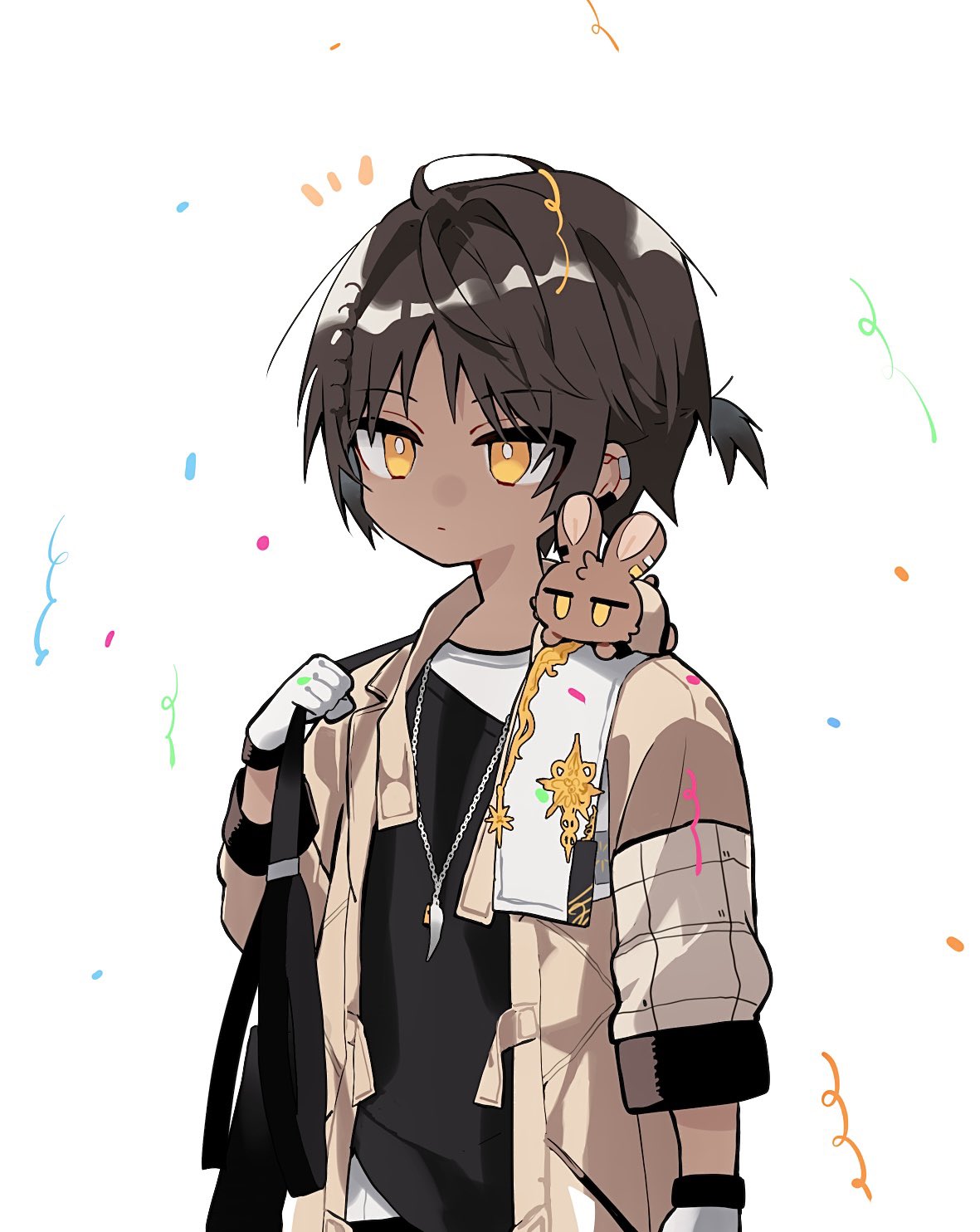 1boy animal_on_shoulder arknights bag black_hair black_shirt bright_pupils brown_coat coat commentary confetti dark-skinned_male dark_skin earclip gloves highres hishoti_cheese holding holding_bag jewelry male_focus necklace rabbit shirt short_hair simple_background solo symbol-only_commentary thorns_(arknights) undershirt upper_body white_background white_gloves white_pupils white_shirt yellow_eyes