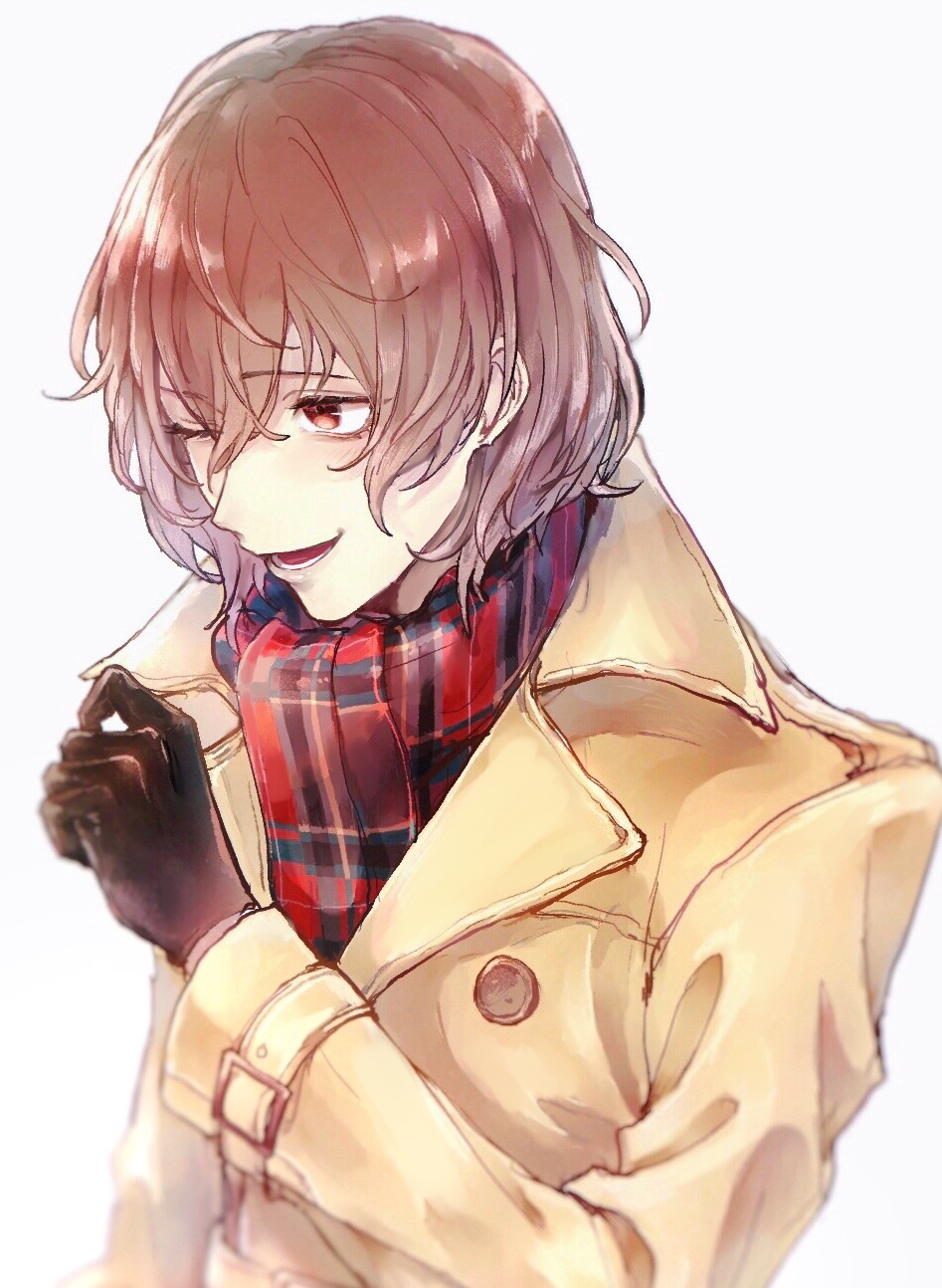 1boy akechi_gorou black_gloves blush brown_coat brown_hair coat commentary eyelashes gloves hair_between_eyes hand_up highres long_sleeves looking_ahead male_focus one_eye_closed open_mouth persona persona_5 plaid plaid_scarf red_eyes scarf sekiyu_inu short_hair smile solo upper_body white_background winter_clothes