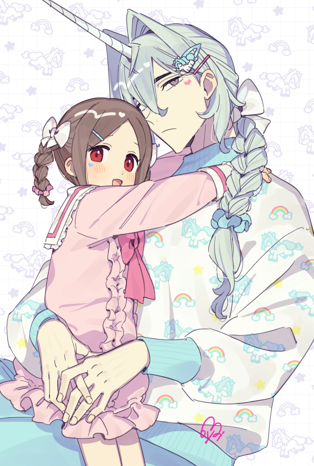 1boy 1girl age_difference blue_hair blush bow bowtie braid brown_hair commentary couple dress grey_eyes hair_ornament hairclip heart_sticker hetero highres horns hug light_blue_hair lily_(moyori) long_hair moyori open_mouth original pink_dress print_sweater red_eyes short_hair single_horn smile sweater symbol-only_commentary twin_braids unicorn_(moyori) unicorn_hair_ornament unicorn_print