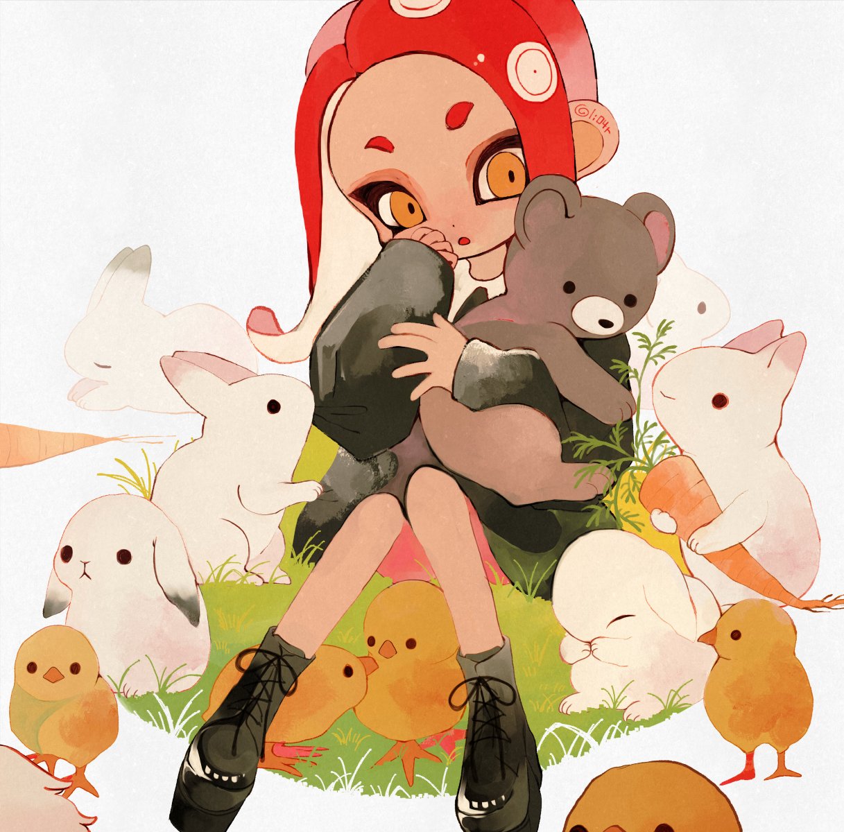 1girl animal bear bird black_footwear black_sweater boots chick closed_eyes commentary cross-laced_footwear highres holding holding_animal li04r long_hair octoling octoling_girl octoling_player_character open_mouth rabbit redhead short_eyebrows simple_background sitting sleeves_past_wrists solid_circle_eyes splatoon_(series) sweater tentacle_hair thick_eyebrows white_background white_fur yellow_eyes